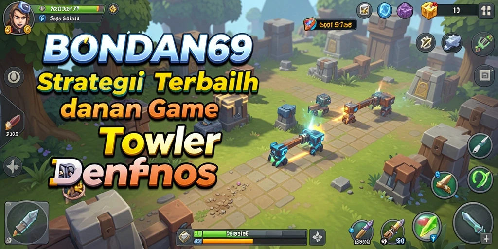 Screenshot gameplay BONDAN69 menampilkan pertarungan Tower Defense yang intens.