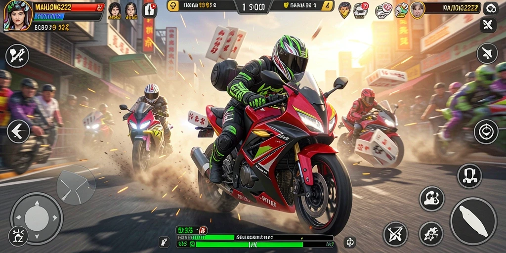Tampilan gameplay seru di MAHJONG222 dengan balapan motor.